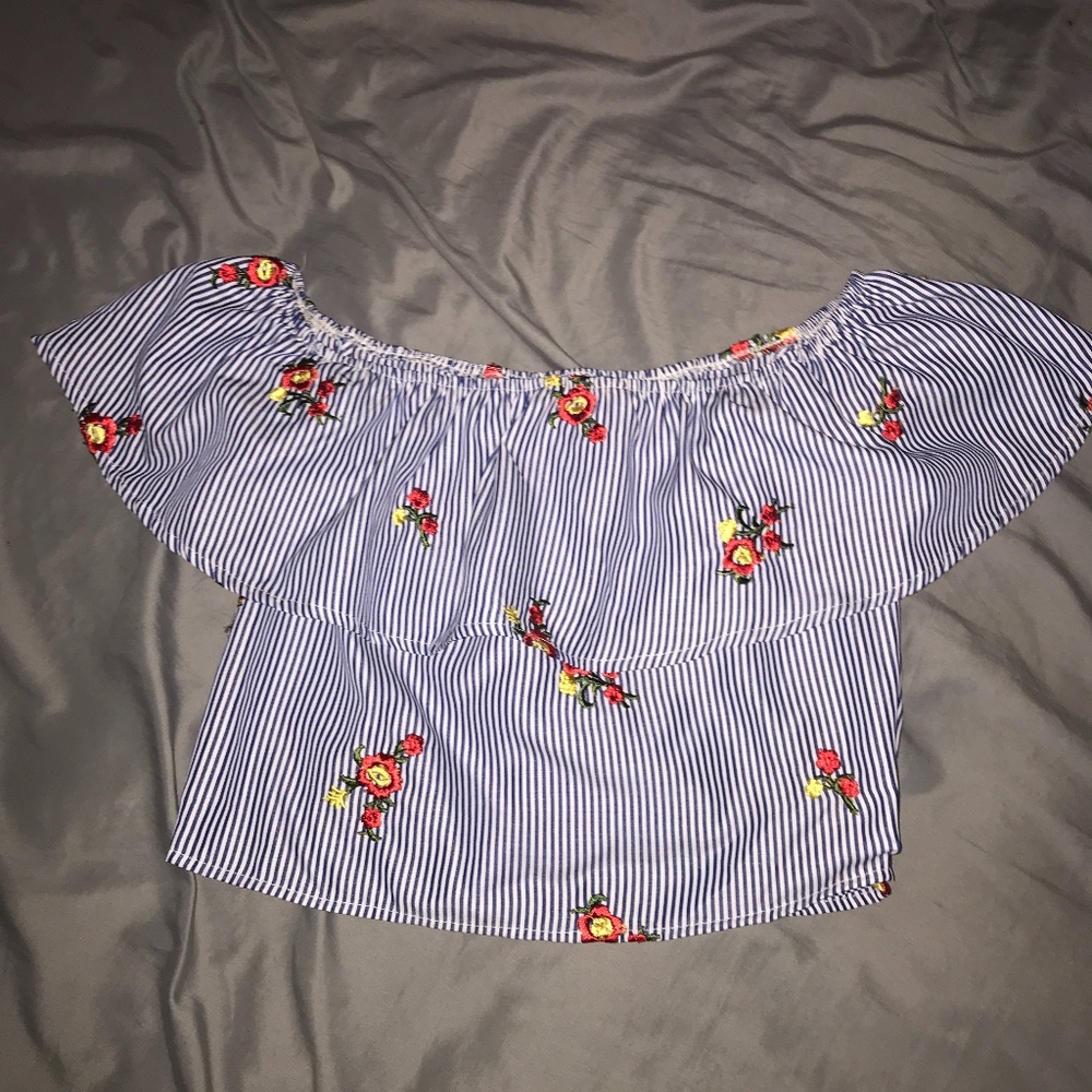 Striped Embroidered Off Shoulder Top